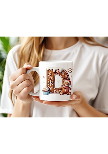 D Kurabiye Harf Ve Ayıcık Detaylı Kupa Bardak - Yeni Yıl / Yılbaşı Temalı Tasarım - Noel Hediye Beyaz