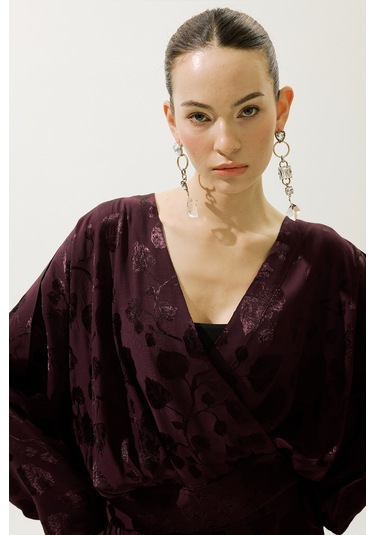 Jakarlı Saten Kimono Bordo Bordo