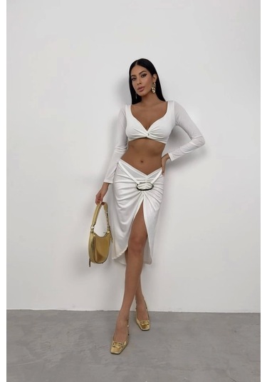 Toka Detay Asimetrik Etek Ekru