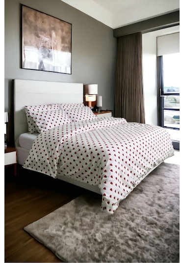 Kırmızı Kalpli Nevresim Seti Tek Kişilik Beyaz - Kırmızı