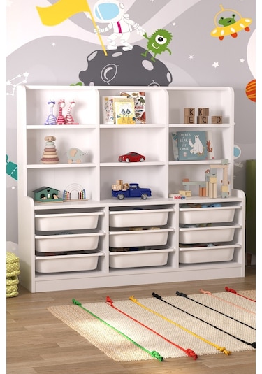Bofigo 9 Sepetli 9 Raflı Dolap Çok Amaçlı Dolap Oyuncak Dolabı Almina Beyaz Beyaz