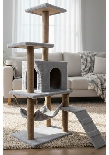 Missidea B07 Hamaklı Yuvalı Lüx Kedi Tırmalama Oyun Evi Gri