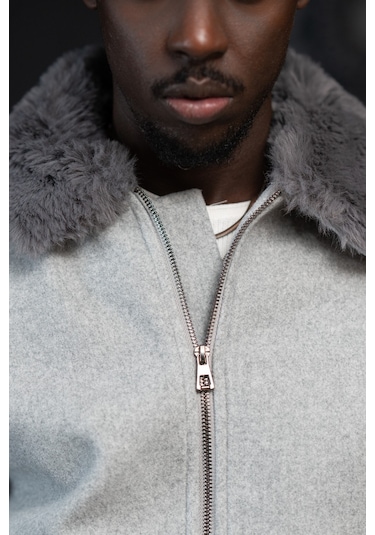 Slimfit Kürklü Sabit Yaka Beli Lastikli Astarlı Kaşe Mont Gri