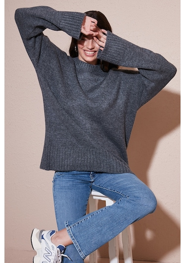 Lela Regular Fit Bisiklet Yaka Basic Triko Bayan Kazak 4616213 Antrasit