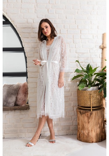 Gelin Set Transparan Midi Boy Kuşaklı Sabahlık Ekru Mgp12176 Ekru