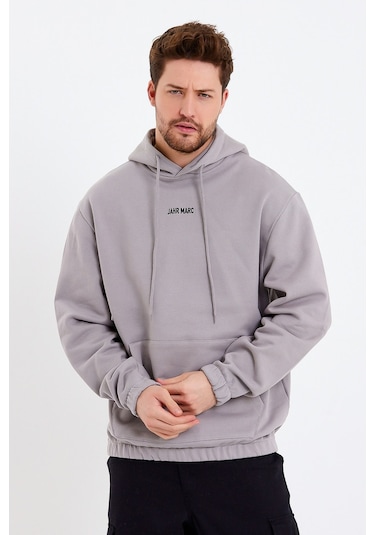 JAHR MARC Açık Gri Nakışlı Oversize Erkek Sweatshirt Krem