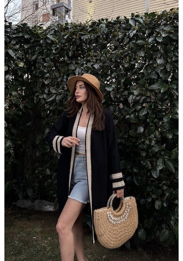 Kadın Siyah Müslin Kumaş, Hasır Şerit Detaylı Salaş Kimono Ceket Siyah