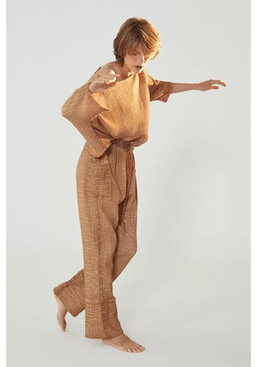 Kahverengi Yüksek Kalite Pamuk Truvakar Kollu Üst-yüksek Belli Pantolon Takım Kahverengi