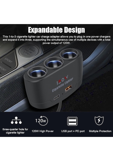 3'ü 1 Arada Araba Çakmak Fişi Ayırıcı 120w Usb+pd Hızlı Şarj Adaptörü 3 Soketli Güç Ayırıcı 12-24v Araba Kamyon Suv İçin