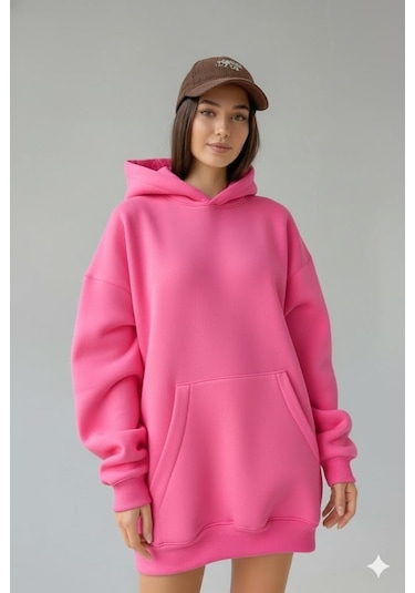 Afri Kadın Oversize Pembe Sweatshirt 3 İplik Şardonlu Kapüşonlu Cepli Rahat Kalıp Pembe