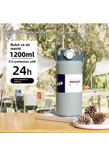 Gıda Sınıfı 316 Paslanmaz Çelik Büyük Kapasiteli Termos Bardak,1100 Ml Beyefendi Mavisi