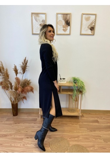 Nnstartshopping Kadın Uzun Kollu Balıkçı Yaka Omuzda Damla Detaylı Yırtmaçlı Krep Midi Elbise Siyah