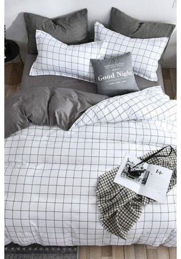 Kareli Beyaz Kolay Ütülenir Çift Kişilik Nevresim Takımı Baskılı