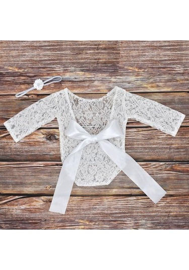 Bej Yenidoğan Bebek Kız Ilmek Yumuşak Dantel Romper Çiçek Kafa Bandı Fotoğraf Sahne Bej