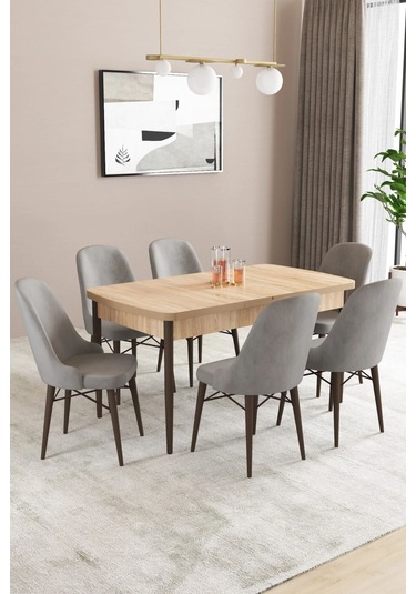 Sar Pakete Almira Serisi, Meşe Desen 80x132 Açılabilir Mdf Mutfak Masası Takımı 6 Adet Sandalye Gri