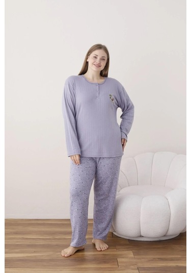 Lindros Kadın Pamuk'lu Düğme Yaka Raporlu İnterlok Kışlık Battal Pijama Takımı 05113 - 1 Adet Lila
