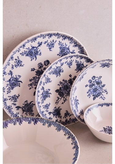 Antik Mavi 27 Parça 6 Kişilik Seramik Yemek Takımı Vintage Mavi Çiçekli Yuvarlak Servis Seti Mavı Mavi