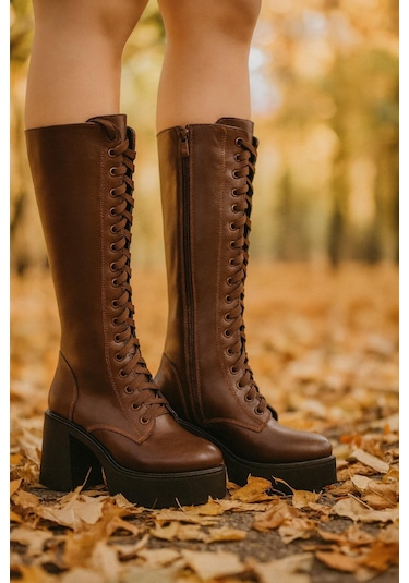 Kadın Bağcıklı Platform Topuklu Uzun Çizme Kahverengi