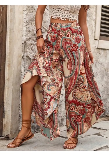 Modaserdem Kadın Yüksek Bel Beli Lastikli Desenli Geniş Paçalı Süprem Pantolon Çok Renkli