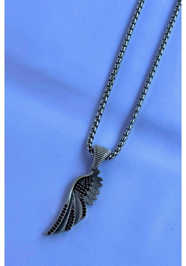 Taşlı Kanat El İşçiliği Paslanmaz Çelik Zincir Erkek Kolye Gümüş