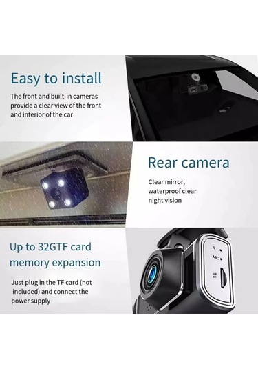 Zilinn 3 Lensli Sürüş Kaydedici, Arabanın Önünde, Arkasında, Arabanın İçinde, Geniş Açılı Kamera, Yüksek Çözünürlüklü 1080p Çekim Yapabilir