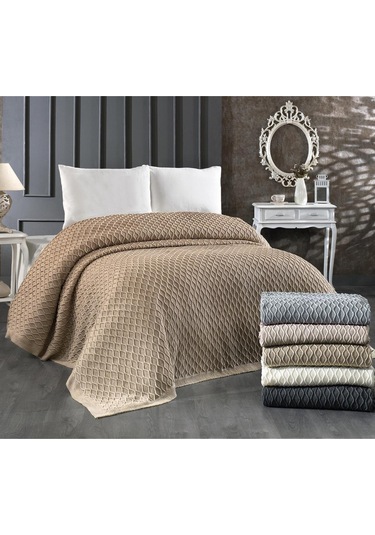 Akrilik Örgü Battaniye Çift Kişilik 220 X 240 Cm Yatak Örtüsü Pike Poly Cappuccino