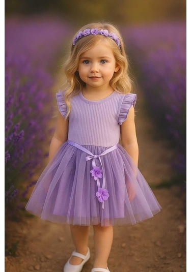 Kız Çocuk Özel Gün Doğum Günü Günlük Yılbaşı Hediye Abiye Pamuklu Tül Prenses Lila Elbise Mor