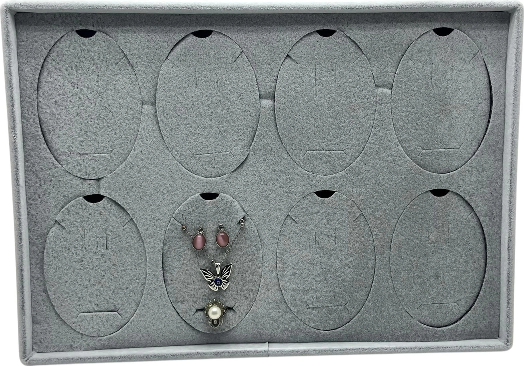 Süet Kumaş Gri 34-24 Cm Ayaklı 8 Pedli Kolye Tabla Stand