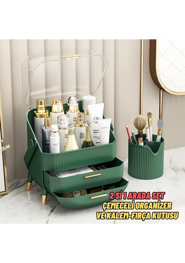 Çekmeceli Makyaj Kutusu Ve Düzenleyici Kozmetik Eşya Masa Üstü Organizer Yeşil