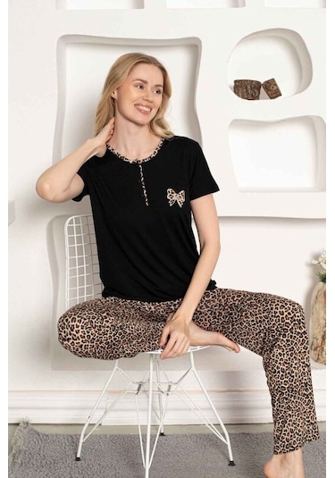 Monox Kadın Leopar Baskı Kısa Kol Uzun Alt Pijama Takımı Siyah