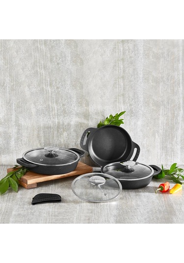 Amboss Kuvars Cam Kapaklı 6 Parça Döküm Sahan Seti