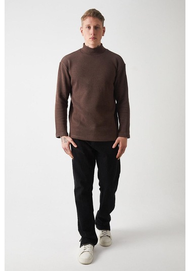 R-5849 Boğazlı Düz Örme Kazak Sweat Kahverengi