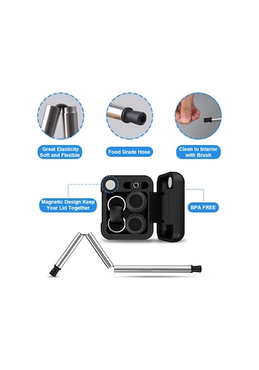 Symbee Yeniden Kullanılabilir Çelik Darbeli Suluk - Katlanabilir Silikon Uçlu, Taşınabilir Abs Saklama Kutusu Ve Temizleme Fırçası İle Yeşil Set Yeşil