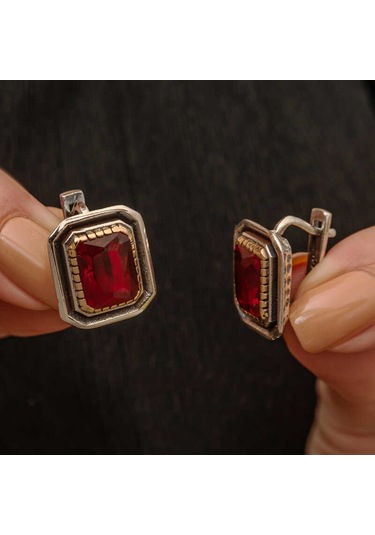 Artsmagazinmücevher Gümüş Yakut Taşlı Otantik Kadın Küpe