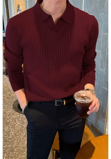 Cool Tarz Erkek Polo Yaka Triko Kazak Slim Fit Fitilli Bordo