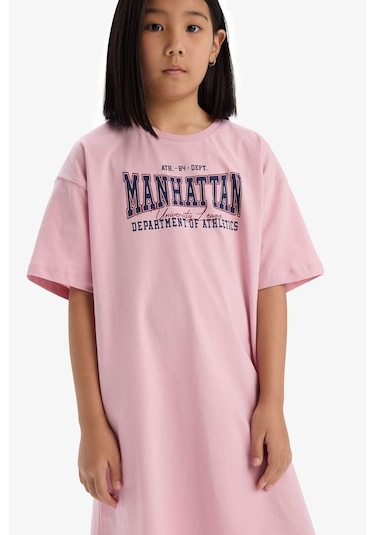 DeFacto Kız Çocuk Oversize Geniş Kalıp Bisiklet Yaka Baskılı Kısa Kollu Yazlık Elbise E5805A825HSPN86