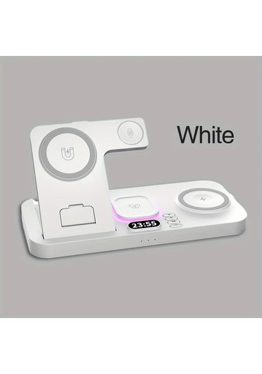 Topshop1 Beyaz 30w Alarmli Kablosuz Sarj Cihazi 6si 1 Arada Rgb Karanlikta Parlayan Hizli Sarj Istasyonu İphone Uyumlu İwatch İcin