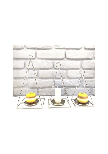 Gold / Gümüş Kaplama Dekoratif Modern Piramit Dizayn 3lü Mumluk Gold