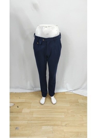 Erkek Belden Düğmeli Cepli Dokuma Pantolon Lacivert