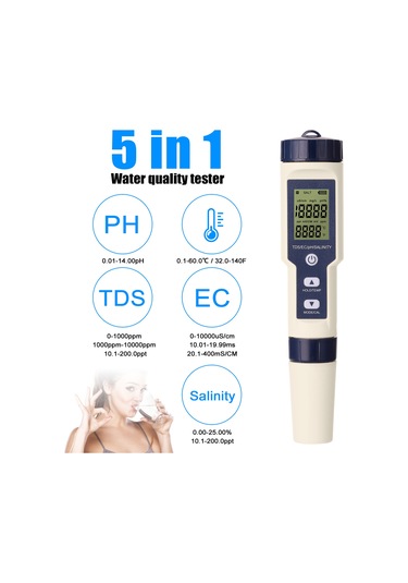 5'i 1 Arada Profesyonel Çok Parametreli Kombo Test Cihazı Ph/ec/tds/tuzluluk/termometre Dijital Çok Fonksiyonlu Test Cihazı Su Kalitesi Test Cihazı