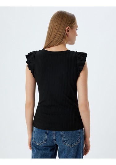 Koton Fırfırlı Karpuz Kol Tişört Yuvarlak Yaka Ribanalı Slim Fit Siyah 5wak10179ek Siyah