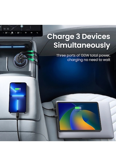 Ugreen 130w Qc Pd Hızlı Araç İçi Şarj Cihazı Çakmaklık Adaptörü 2xusb-c, 1xusb-a, Siyah, 90413