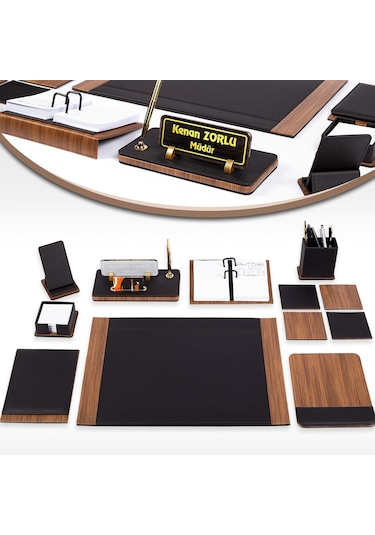 Atlantik Deri Sümen Takımı Masa İsimliği Ahşap Desen İsimlik Seti