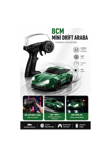 8cm 1:64 Ölçek Uzaktan Kumandalı Drift Araba Led Işıklı Şarjlı Oyuncak Yeşil