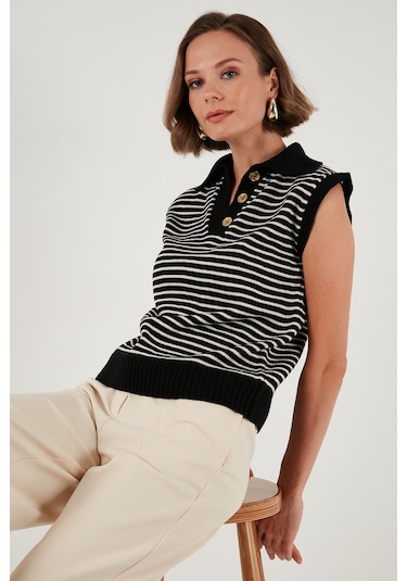 Lela Çizgili V Yaka Triko Bayan Süveter 4616171 Siyah-Krem