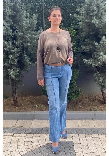 Kadın Mavi İspanyol Paça Full Likralı Kot Pantolon Mavi