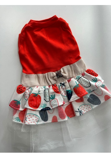 Miniş Pet Butik Çilek Desenli Tütülü Kedi Köpek Elbisesi