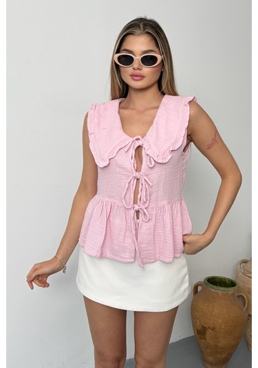 Jee Lee Kadın Bağlama Detaylı %100 Pamuklu Bluz Pembe - 26y 1041 Pembe