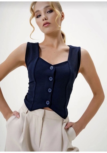 Krep Kumaş Düğmeli Yelek Lacivert S3395 Lacivert