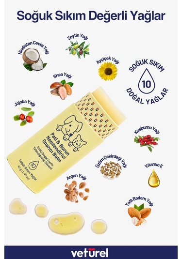 Veturel Kedi Köpek Pati Balm %100 Doğal Nemlendirici Stick Dirsek Burun Koruyucu Onarıcı Bakım - 40gr